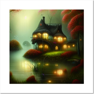 Sparkling Fantasy Cottage with Lights and Glitter Background in Forest, Scenery Nature Posters and Art